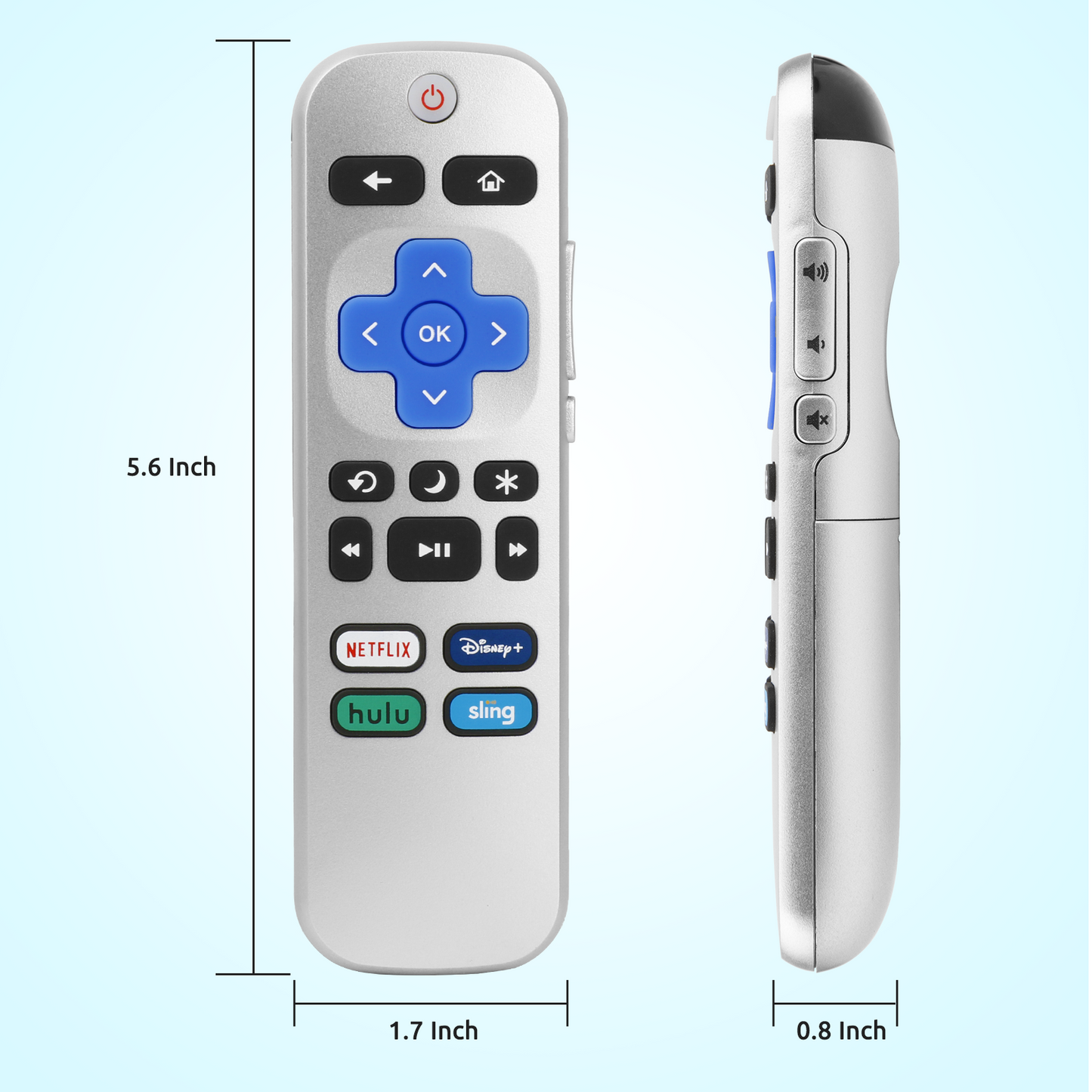 Compact and Ergonomic Design - Our remote control features a sleek and compact design, measuring 5.6 inches in length, 1.7 inches in width, and 0.8 inches in thickness. Perfectly sized for comfortable handling and seamless control of your Roku TV and all Roku Box.